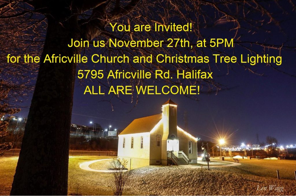 Poster inviting public to Africville Museum for Church and Tree Lighting Nov 27th, 5PM 2022